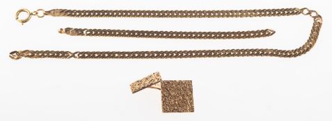 A length of broken chain and an odd cufflink, a length of broken/twisted flat link curb chain,
