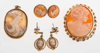 A group of cameo set jewellery, including an oval pendant set with a cameo, indistinct mark to bale,