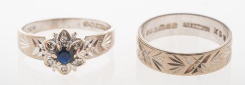 A 1970's 18ct white gold wedding band and matching sapphire and diamond ring,