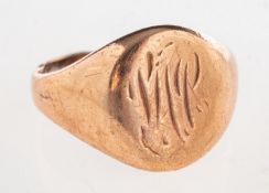 A signet ring, with engraved initials to front, marked 9ct, size O1/2, 5.1grams.