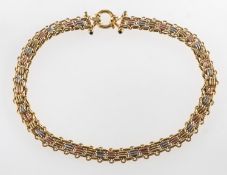 A fancy link tri-colour necklace, an articulated tri-colour necklace terminating with bar links,