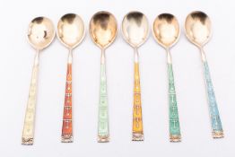 A set of six mid 20th century silver gilt and enamel coffee spoons by Hestenes,