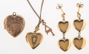 A group of heart jewellery, including a pair of 9ct gold double heart drop earrings,