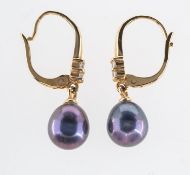 A pair of black freshwater pearl drop earrings, hook fittings,