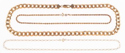 A group of three chains, including a 9ct gold curb chain, UK import mark 375 near clasp,