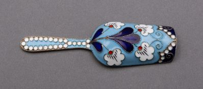 A modern Russian silver and enamel tea caddy spoon, marked Moscow 925, 9cm. long 26.