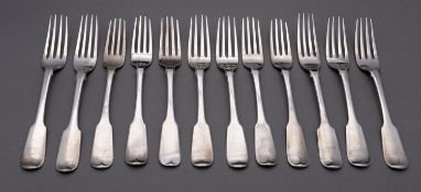 A mixed group of Irish silver flatware including; five Fiddle pattern dessert forks by S I,
