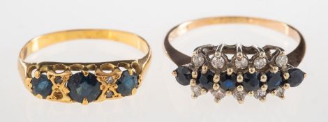 Two sapphire and diamond rings, including a ring set with three circular-cut sapphires,