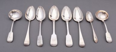 A mixed group of silver flatware including; a George III Irish provincial silver dessert spoon,