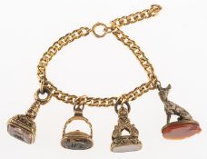 A curb link bracelet with four fobs, a curb link bracelet, marked 10K on bolt ring,