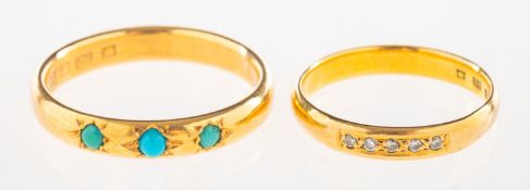 Two 22ct gold bands, including a 22ct gold band set with three turquoise cabochon's, UK hallmark,