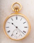 An 18ct gold open-faced pocket watch the white enamel dial having black Roman numerals,