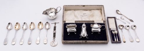 A mixed group of silver including; a cased Edward VI three piece cruet set by Walker and Hall,