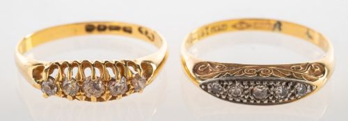 Two five stone diamond rings, including an early 20th century 18ct gold ring,