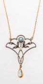 An Art Nouveau aquamarine and pearl pendant, an openwork pendant set with a circular-cut aquamarine,