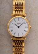 Longines a lady's gold-plated quartz wristwatch the round white dial with Roman numerals,