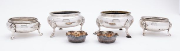 A large pair of Victorian cauldron salts by Arthur Sibley, London 1859, with blue glass liners,