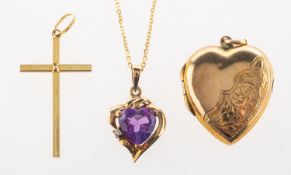 An amethyst and diamond pendant with chain, cross pendant and heart locket,