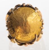 A 1915 Austrian Ducat coin ring, an openwork ring set with a 1915 Austrian Ducat coin,