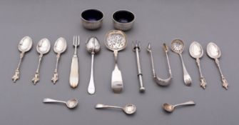 A mixed group of silver including; a George Gray patent tea infusing spoon,