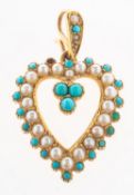 A Victorian turquoise and split pearl heart pendant,