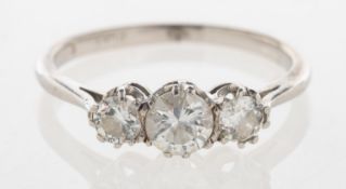 A three stone diamond ring, claw set with three older brilliant-cut diamonds, diamonds approx. 0.