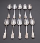 A set of ten Victorian Fiddle pattern dessert spoons by WE, London 1805, 394gms., (12.6ozs.