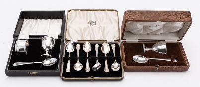 A mixed group of silver including; a cased egg cup and spoon by Walker and Hall, Sheffield 1939,