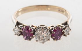 A five stone diamond and ruby ring, claw set with three graduated brilliant-cut diamonds,
