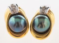 A pair of Tahitian pearl and diamond earrings, bi-colour,