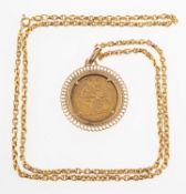 A full sovereign in pendant mount with chain,