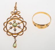 An Edwardian peridot and pearl pendant and a Victorian ring,