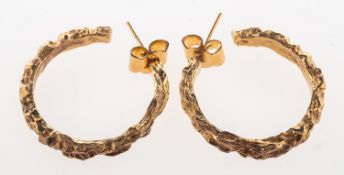 A pair of 1970's 9ct gold textured hoop earrings, post and butterfly fittings, earrings UK hallmark,