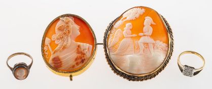 A mixed group of jewellery, including two gilt mounted cameo brooches; a 9ct gold cameo set ring,