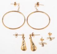 Three pairs of earrings, including a pair of 9ct gold stud earrings,
