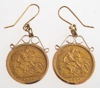 A pair of half sovereign drop earrings, each set with a half sovereign,