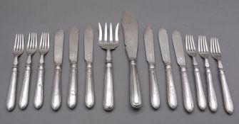 A set of six Victorian silver Old English and Thread pattern fish knives and forks by Thomas