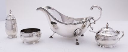 A mixed group of silver including; an Elizabeth II silver sauce boat by Barker Ellis Silver Co,