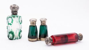 Three Victorian glass and silver plated scent bottles;