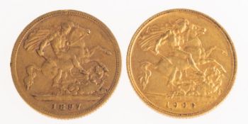 Two half sovereigns, including an 1897 Victoria half sovereign, 3.