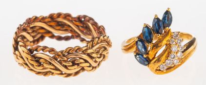 Two 18ct gold rings, including an 18ct gold twisted band ring, UK hallmark, size P1/2, 8.