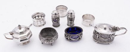 A mixed group of silver including; a four piece cruet set comprising of a mustard pot,