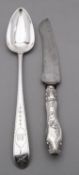 A George III Irish silver serving/ hash spoon by John Power, Dublin 1802, Bright cut decoration,