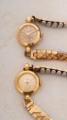 Omega a pair of lady's 18ct gold wristwatches each with small round dials having raised baton