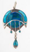 An Arts & Crafts silver and enamel pendant, a blue and green enamelled pendant by James Fenton,