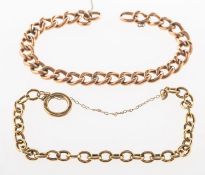 Two curb link bracelets, an open link bracelet with safety chain, clasp missing,