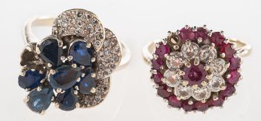 Two diamond and gem-set cocktail rings,