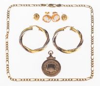 A mixed group of jewellery, including a pair of tri-colour twisted hoop earrings, post marked 375,