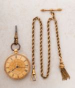 An 18ct gold open-face pocket watch having a gold dial with black Roman numerals,