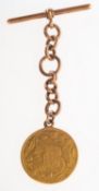 An Egyptian Ottoman Gold 100 Qirsh Abdul Hamid II coin, on chain and T-bar,